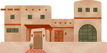Painted Textured Spanish Two-Storey Adobe Pueblo